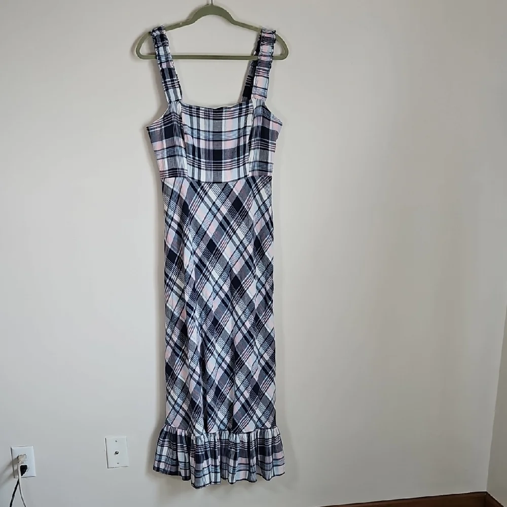 52seven SZ16 Linen Blend Maxi Dress Plaid Smocked Ruffle Tier Cottage Prairie